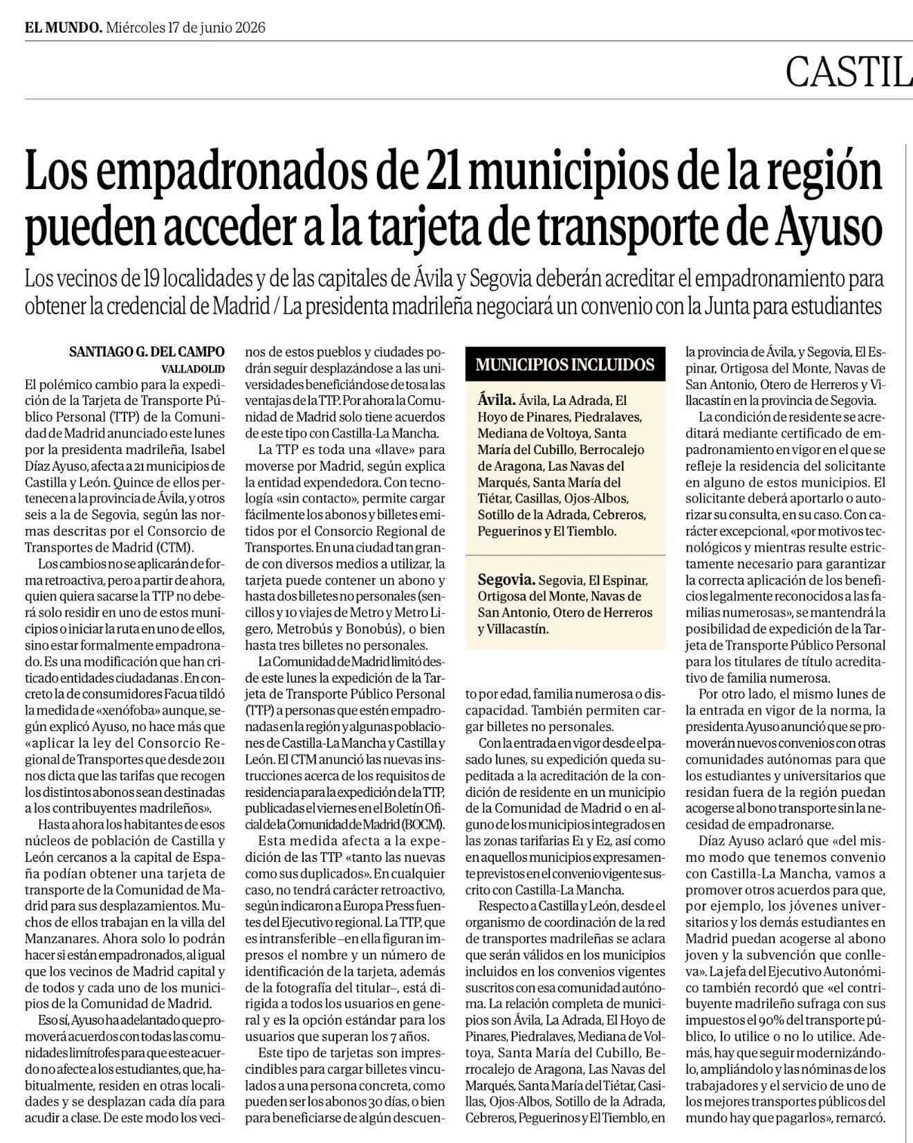 El Tiemblo, incluido entre los municipios cuyos vecinos podrán acceder a la Tarjeta de Transporte Público de la Comunidad de Madrid